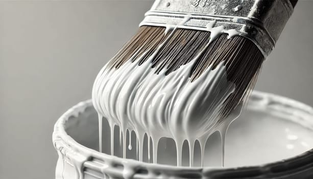 This angled view shows a paintbrush leaning against a paint can, with white paint dripping smoothly off the bristles. The glossy paint forms a gentle stream, highlighting the interaction between the brush and paint in a clean, minimalist setting.