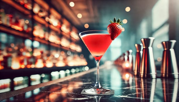 The image showcases a vibrant strawberry cocktail served in a sleek martini glass, garnished with a fresh strawberry. Set on a polished marble bar, the background is softly blurred, highlighting the drink as the main focus.