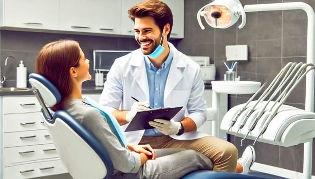 Dentist and patient sharing a warm smile in a modern, well-equipped dental office. The dentist holds a clipboard and wears a mask and gloves, creating a welcoming and professional atmosphere.