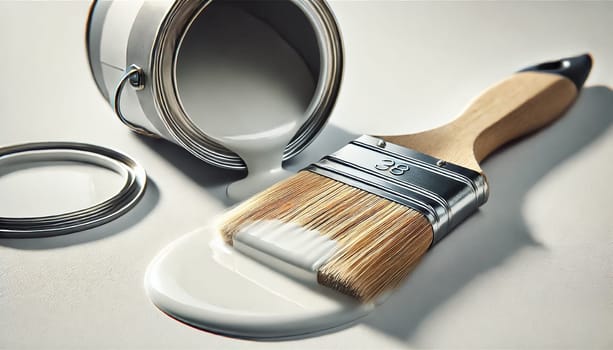 This angled view shows a paintbrush leaning against a paint can, with white paint dripping smoothly off the bristles. The glossy paint forms a gentle stream, highlighting the interaction between the brush and paint in a clean, minimalist setting.