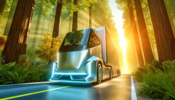 Silent and swift, an electric cargo truck traverses a forest road, bathed in the golden glow of sunbeams streaming through the lush canopy overhead.