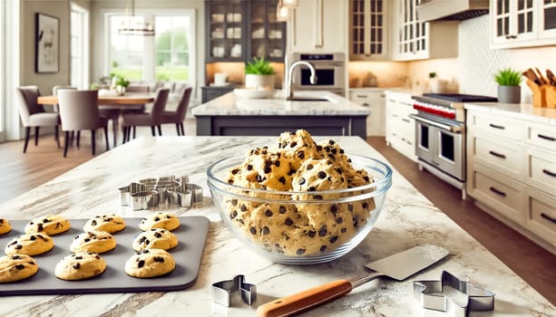 Stylish and modern kitchen with quartz countertops and an open floor plan. Chocolate chip cookie dough in a clear glass bowl is in sharp focus, with a spatula and cookie cutters nearby, highlighted by the shallow depth of field.