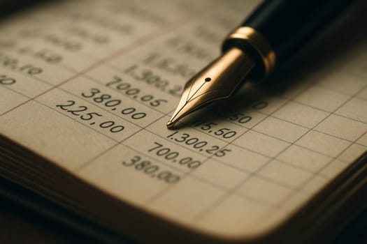Open Financial Ledger with Gold-Trimmed Fountain Pen Resting on Handwritten Numbers and Soft Bokeh Edges