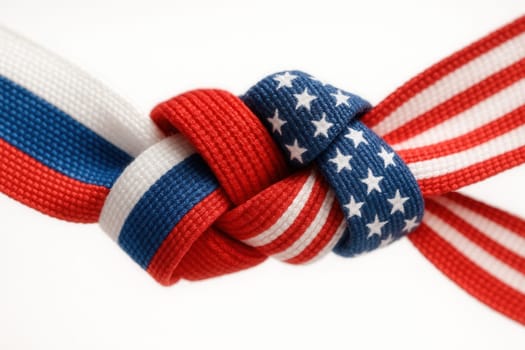 Close-Up of Russian and American Flag Ribbons Tied Together in Unity
