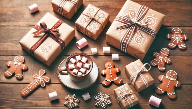 Top-down view with a shallow depth of field. In the foreground, a cup of hot cocoa with a few gingerbread marshmallows sits on a wooden table. The background features several Christmas presents of different sizes wrapped in homemade, hand-painted paper with bows and straps, showcasing minimalist and festive designs.