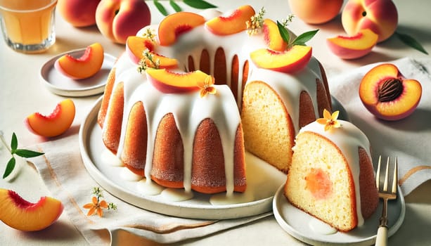 A beautifully sliced bundt cake topped with smooth vanilla glaze, adorned with fresh peach slices and delicate orange flowers. The cake's moist interior contrasts with its golden-brown crust, creating an inviting scene perfect for a summer dessert.