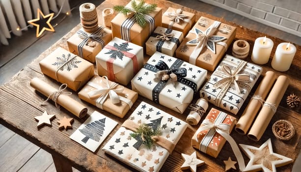 A wooden table with several Christmas presents of different sizes, wrapped in homemade, hand-painted paper with bows and straps. Handmade gingerbread cookies with royal icing are placed beside the gifts, adding a warm holiday touch.