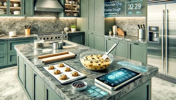 High-tech and modern kitchen with polished concrete countertops and dark green cabinets. The kitchen is slightly messy from baking cookies, with chocolate chips, flour, and used baking sheets scattered around. The cookie dough in a glass bowl with a metal spatula is in sharp focus. The kitchen features smart appliances, a touchscreen fridge, and an automated baking station, highlighted by the shallow depth of field.