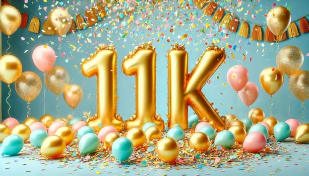 The scene showcases golden balloons spelling out "11K" floating in the air, surrounded by colorful confetti and pastel balloons. A light blue sky background, combined with a depth of field effect and an f/2.8 aperture, creates a beautifully blurred backdrop. A large amount of out-of-focus confetti floats in the air, enhancing the celebratory mood.