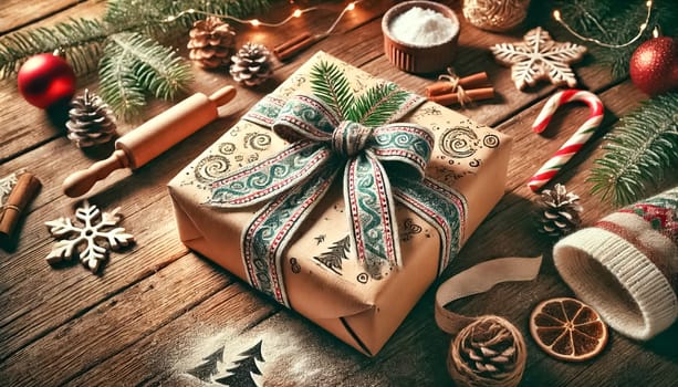 A charming Christmas present wrapped in homemade, hand-painted paper with a festive bow, placed on a rustic wooden table. The intricate designs on the paper showcase a personal touch, making the gift stand out.