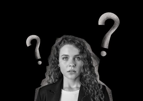A young woman with curly hair looks directly at the viewer, displaying a confused expression. Question marks surround her, emphasizing her uncertainty in a stylized design.