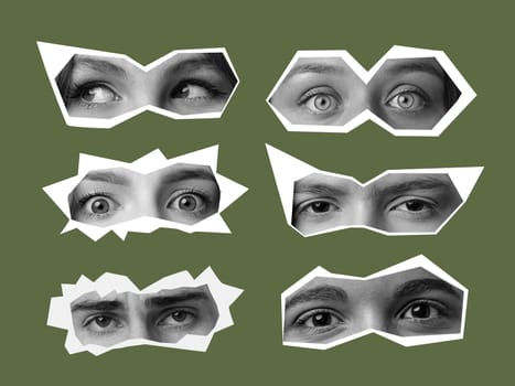 Unique artwork showcases a variety of eye shapes and expressions, illustrating the emotions and stories behind each gaze on a solid green surface.