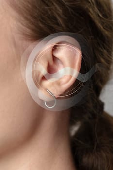 A close-up view of a human ear demonstrates the anatomy and sound wave interactions. The setting highlights educational content about auditory functions for learning.