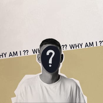 A figure stands against a minimalist background, featuring a head without a face, symbolizing introspection and existential queries. The text Why am I suggests deep thought.