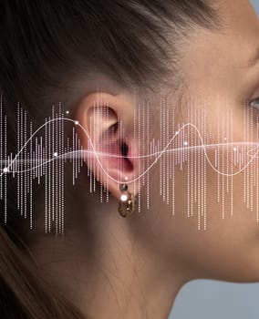 A young woman is shown from the side with an elegant ear adorned with jewelry. Sound waves elegantly overlay her ear, visually illustrating sound perception and listening.