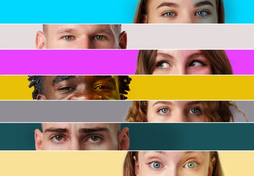 A creative composition displays the eyes and upper faces of a diverse group of individuals against a backdrop of bright, contrasting colors. This artwork emphasizes uniqueness and identity.