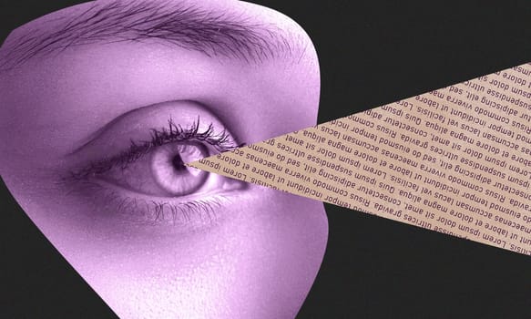 A close-up of an eye features a projection of text emerging from the pupil. This artistic representation emphasizes themes of perception and the importance of information in modern society.