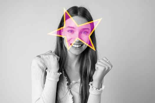 A young woman displays excitement and happiness with a wide smile, while vibrant star graphics cover her face. The neutral backdrop emphasizes her joyful expression and energy.