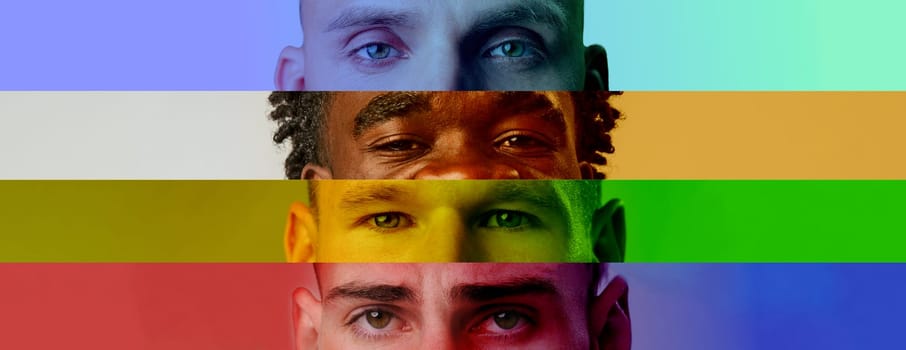 Four individuals are portrayed from the shoulders up, each highlighted with different vibrant color bands. Their varied expressions convey emotions of strength and solidarity.