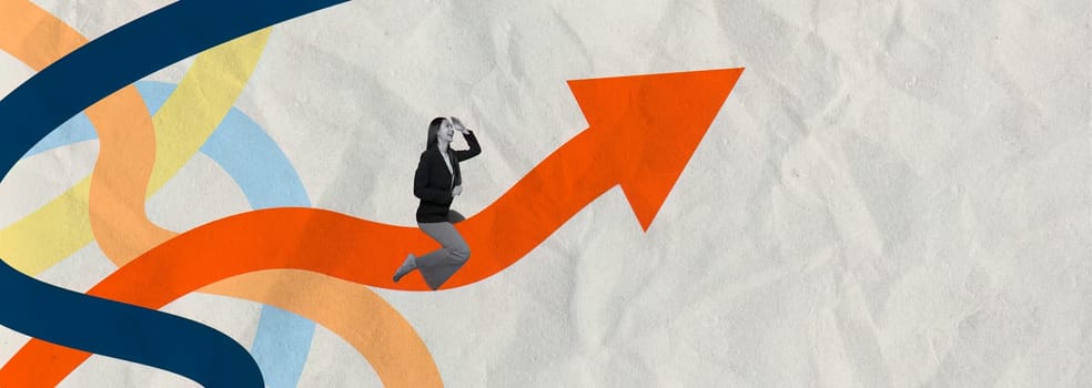 This motivational collage showcases a woman contemplating her journey in business, symbolized by vibrant arrows indicating growth and progress.