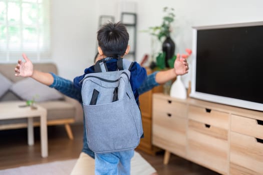 A joyful moment as a young boy returns home from school, excitedly hugging a family member. The scene captures the essence of family support and the back-to-school spirit.
