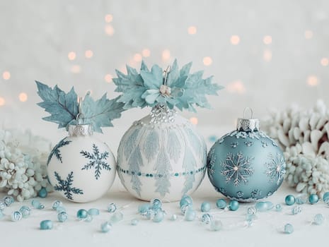 Three distinct winter ornaments showcase intricate designs in white and blue, adorned with leaves and sparkling details. The soft, blurred background enhances the festive atmosphere.