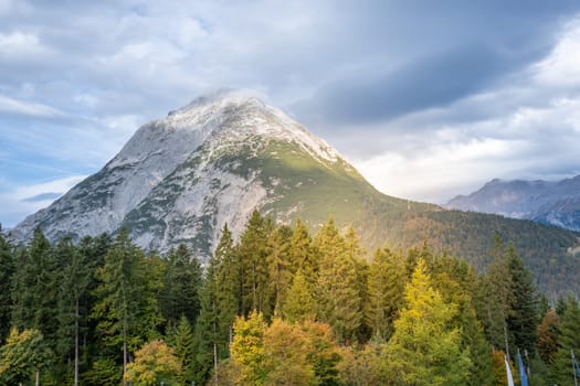 The breathtaking mountain landscape showcases vibrant trees and features dramatic skies that captivate the senses