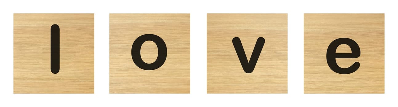A love word with wood blocks on white