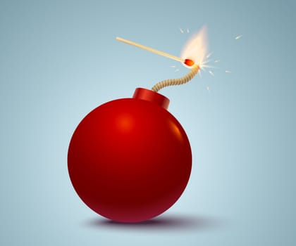 Vector illustration of a red bomb and match in fire and sparks. Bomb with match. No war