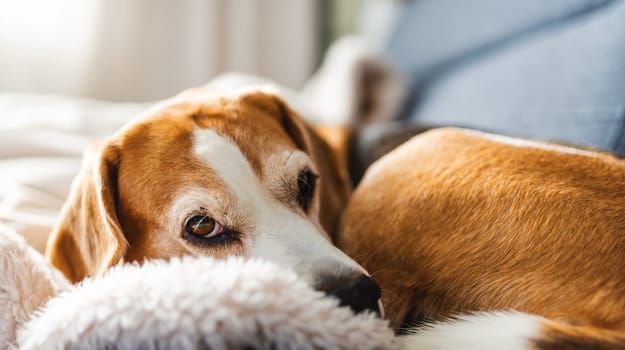 A adult beagle dog napping in sunny room on sofa. Canine themed background
