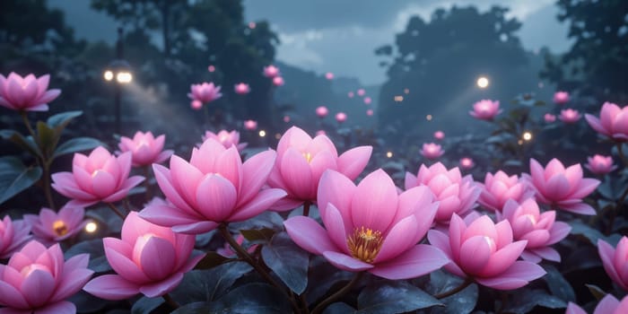 Fantasy Floral Dreamscape with Glowing Flowers and Floating Lights A dreamlike floral landscape featuring glowing flowers that illuminate the surrounding.