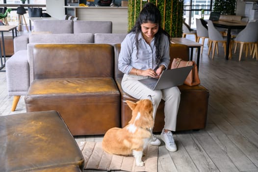 Young businesswoman using laptop while her corgi dog sits patiently beside her in a modern, pet friendly coworking space