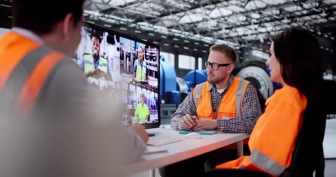 Innovative Engineers Collaborating Via Video Conference In Manufacturing Factory Boardroom.