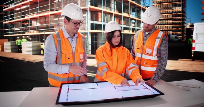 Construction Manager Observing Team Of Engineers Reviewing Blueprints At Job Site.