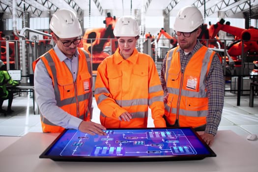 Hispanic Technician Monitors Robotic Assembly Line At Car Factory Plant.