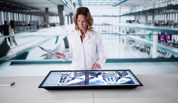 Female Radiologist Using Computer To Analyze MRI Scans In Hospital