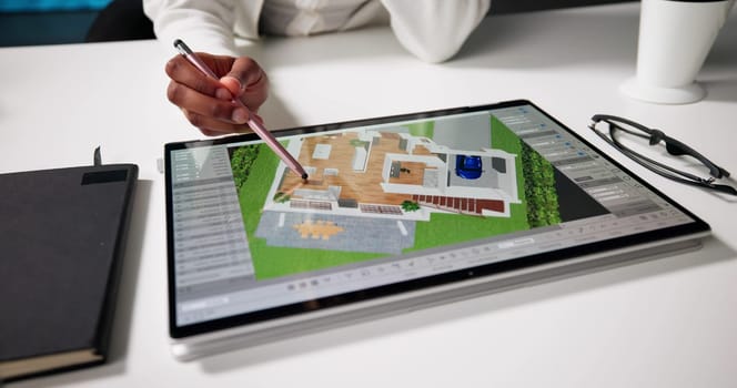 Female Real Estate Agent Uses 3D Tablet Model To Remodel Estate.