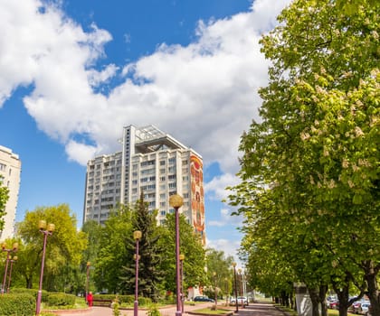 05.05.2025 - Minsk, Belarus. High rise residential tower on one of the streets of the city