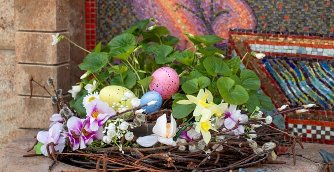 Easter decorations with colored eggs and other elements