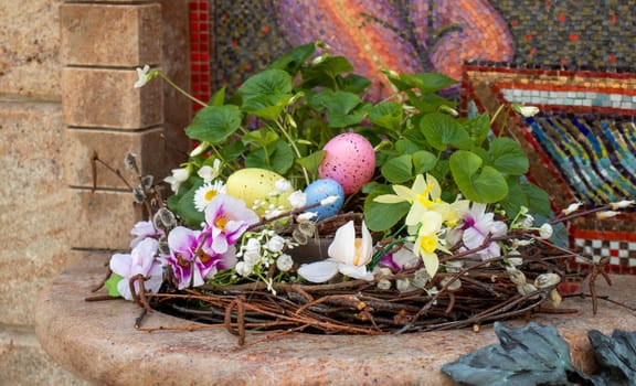 Easter decorations with colored eggs and other elements