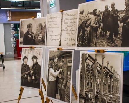 05.05.2025 - Minsk, Belarus. Large prints of photos themed second world war and soviet veterans on display.