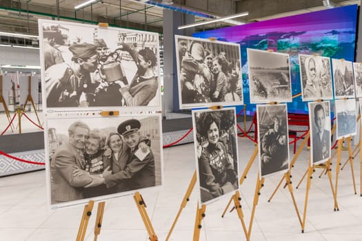 05.05.2025 - Minsk, Belarus. Large prints of photos themed second world war and soviet veterans on display.