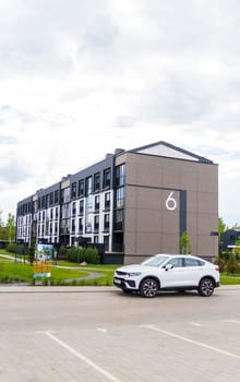 Shot of the stylish, modern, urban, residential suburb where buildings have ergonomic design and vivid colors