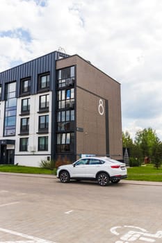 Shot of the stylish, modern, urban, residential suburb where buildings have ergonomic design and vivid colors