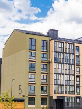 Shot of the stylish, modern, urban, residential suburb where buildings have ergonomic design and vivid colors