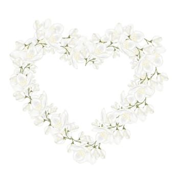Jasmine white flower watercolor frame. Hand drawn bud delicate in the shape of a heart. Clip art botanical on white background. Ideal for logo of tea and aromatic products from jasmine. High quality illustration