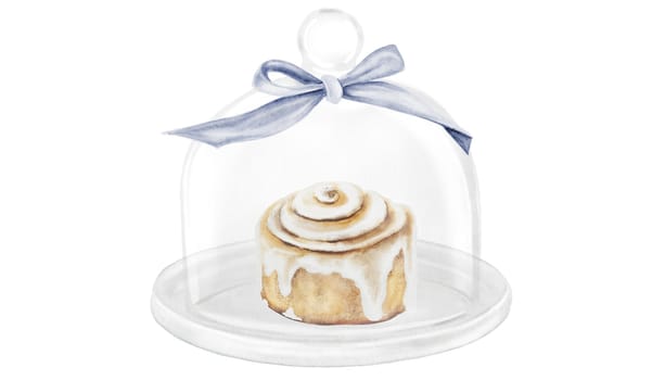Cinnabon, cinnamon watercolor. Hand drawn cinnamon bun with cream cheese under the cloche. Classic American sweet. Clip art isolated on white background. For coffee shop menu, pastry shop and sweet pastry recipes. High quality illustration