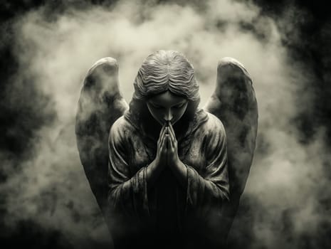 A statue of an angel is praying in front of a foggy background. The angel is wearing a robe and has its hands clasped together. The atmosphere of the image is serene and peaceful