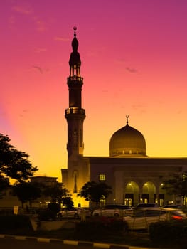 UAE, Dubai, 23 September 2024: Illuminated Jumeirah mosque Masjid Rawda Al Abrar Mosque at dusk, It is also an educational center for cultural understanding. Muslim religion concept. High quality photo