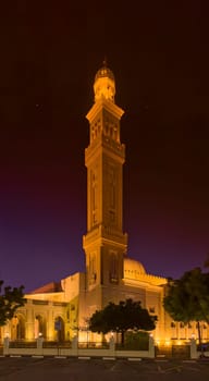 UAE, Dubai, 23 September 2024: Illuminated Jumeirah mosque Masjid Rawda Al Abrar Mosque at dusk, It is also an educational center for cultural understanding. Muslim religion concept. High quality photo